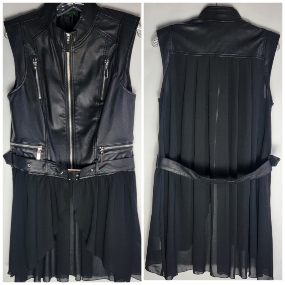 Tricotto Vegan Faux leather Biker Shirt Dress Sleeveless Top Sz S